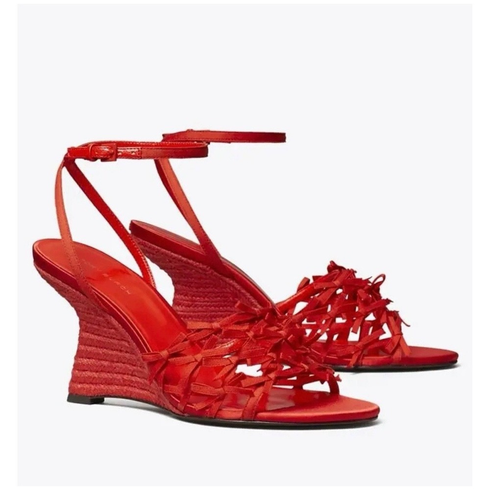 Tory Burch Mini Bow Red Espadrille Wedges shoes 5 1/2 5.5